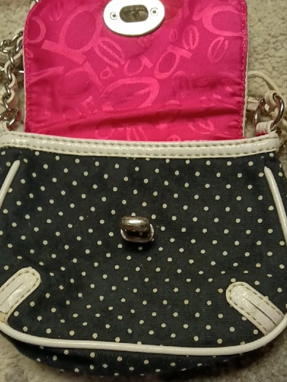 A303 bebe Black Polka Dot Crossbody Bag with White Trim